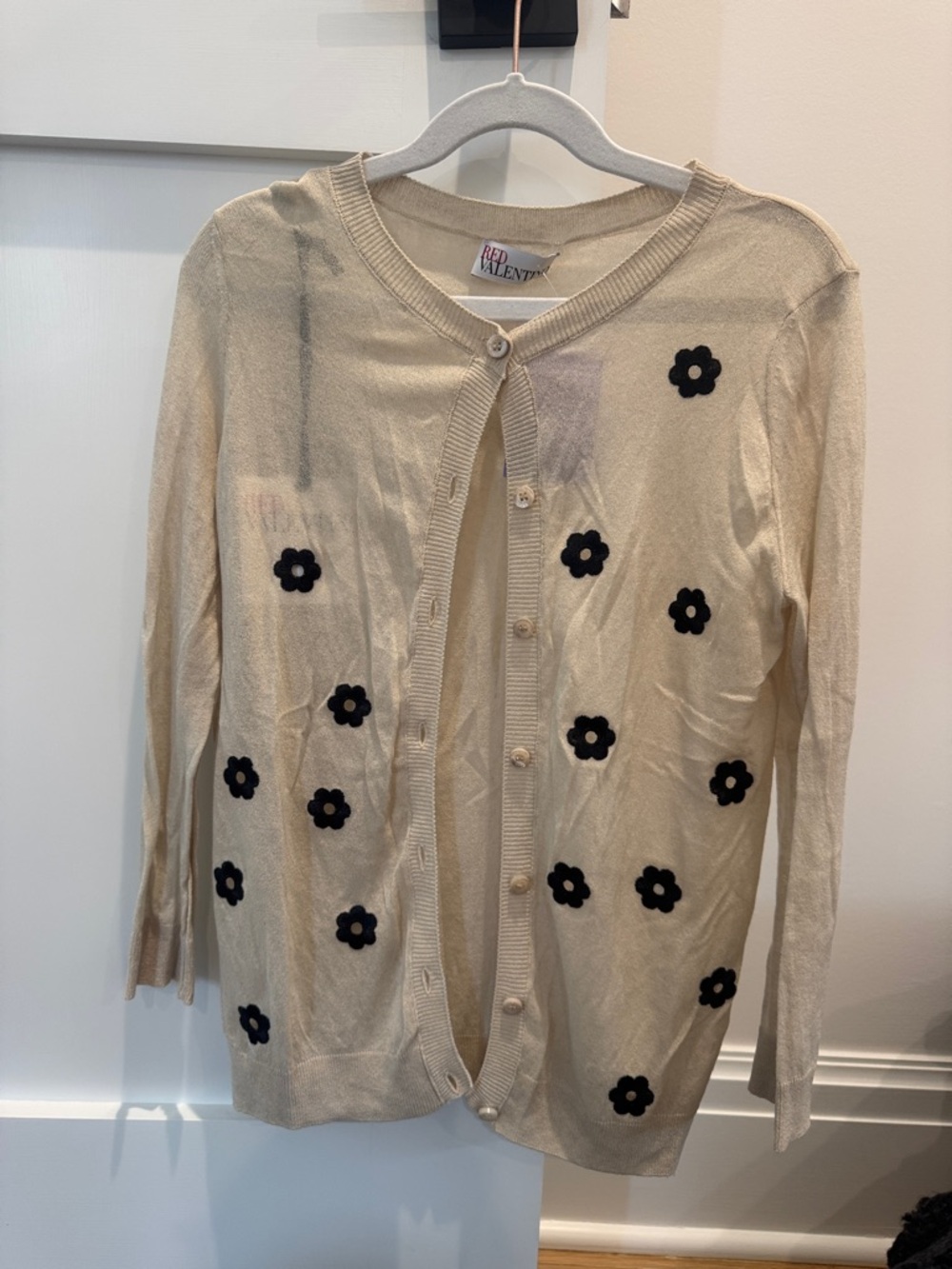 RED Valentino Cream Cardigan with Black Floral Appliqués